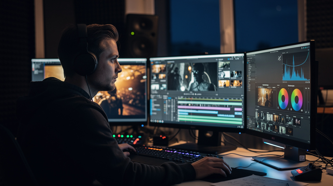 Video editor working on colour correction at a multi-monitor workstation