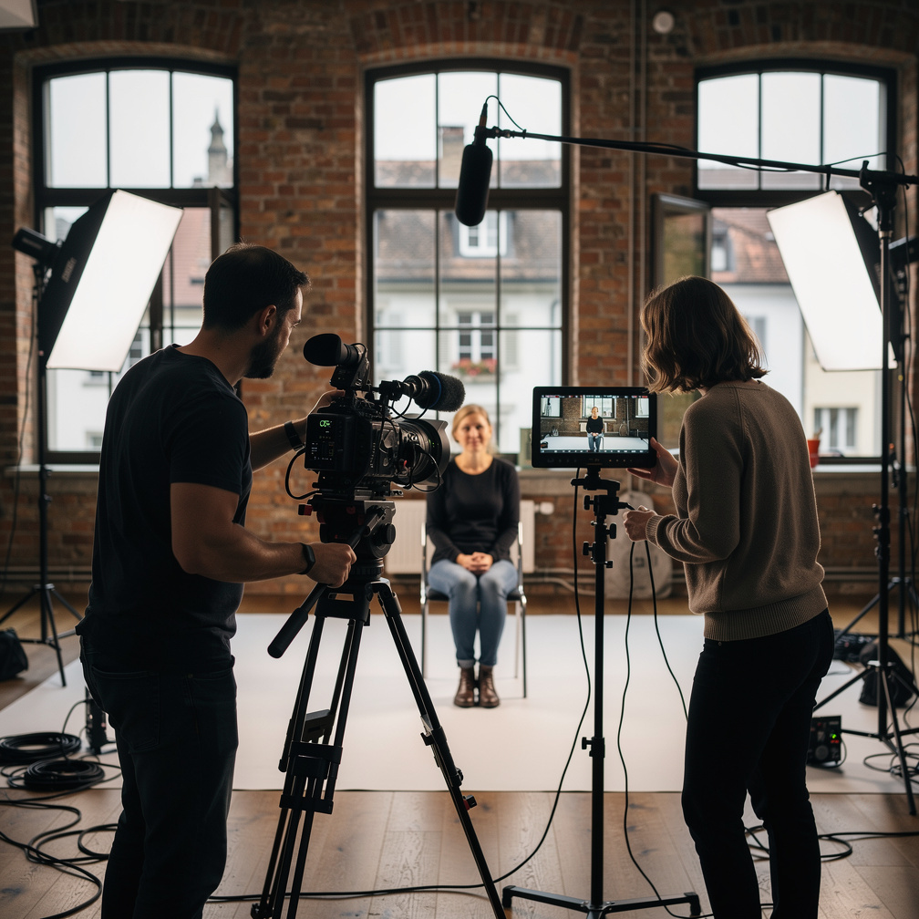 Film crew filming an interview scene indoors