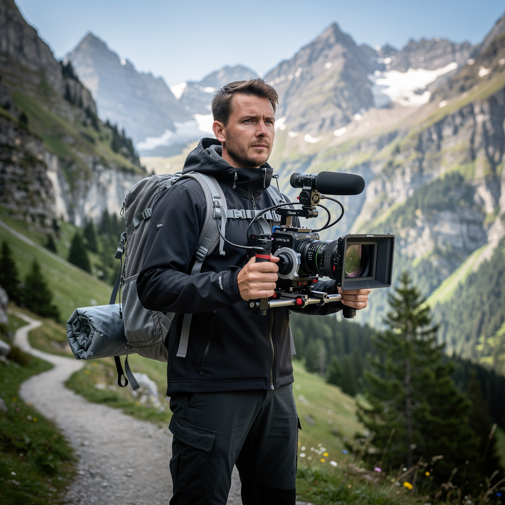 Camera operator filming outdoors in a mountain landscape